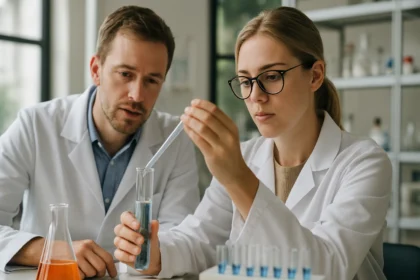 Két kémikus laboratóriumban kémiai kísérletet végez