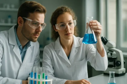 Két tudós laboratóriumban kerozin összetételét vizsgálja.