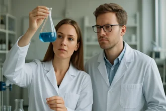 Kétbázisos savakat vizsgáló kémikusok laboratóriumban