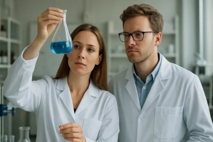 Kétbázisos savakat vizsgáló kémikusok laboratóriumban