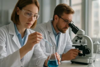 Kutatók laboratóriumban gyurmaragasztó kémiai összetevőit tanulmányozzák.