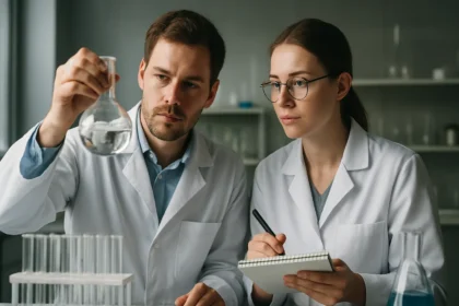 Két kutató laboratóriumi kísérlet közben, bidentát ligandumokkal.