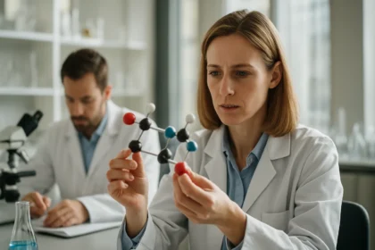 Kutatók laboratóriumban indigó-diszulfonsav nátriumsó modelljét vizsgálják.