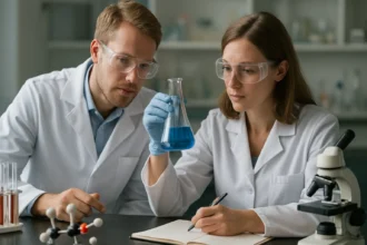 Kétkarbonsavakat vizsgáló tudósok laboratóriumban