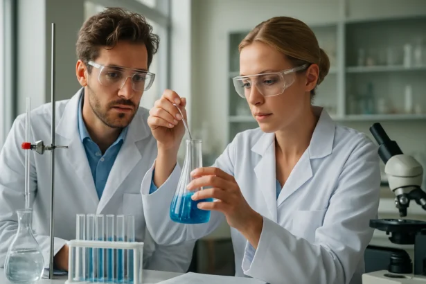 Két kémikus laboratóriumban ketol vegyületekkel kísérletezik.