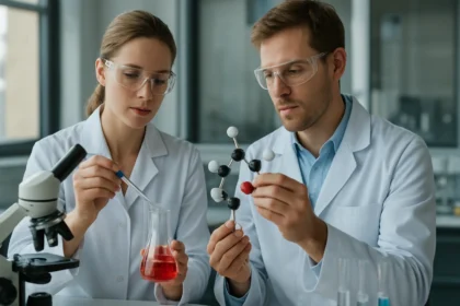 Két vegyész laboratóriumi kísérletezés közben kettős éterekkel.