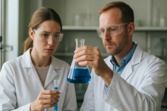 Két tudós laboratóriumban, zöld kémiai kísérletezés közben