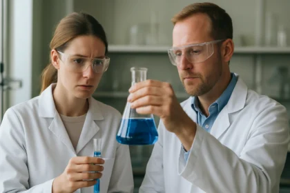 Két tudós laboratóriumban, zöld kémiai kísérletezés közben