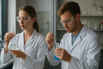 Két kémikus laboratóriumban, kettős kötések vizsgálata közben.