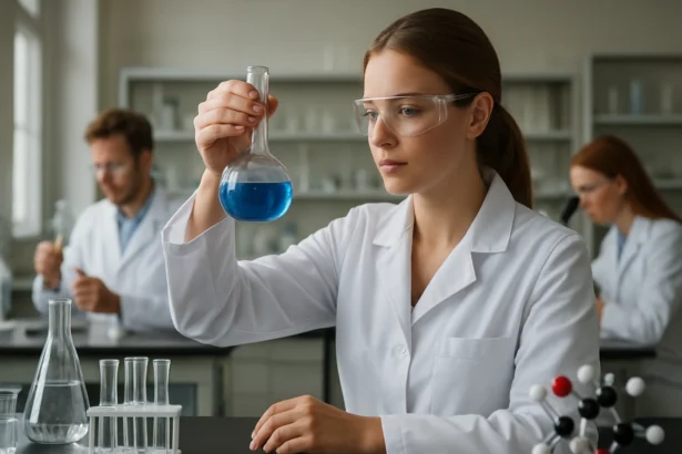 Laboratóriumban dolgozó nő keveréket vizsgál egy kémcsőben