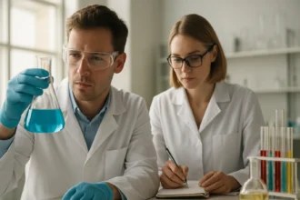 Két kutató laboratóriumi kísérlet közben, keverési szabályok alkalmazása.