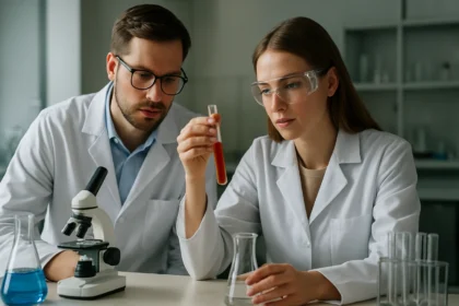 Két tudós laboratóriumi munka közben, mikroszkóp és kémcsövek mellett.