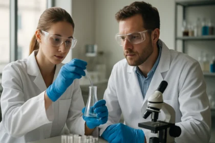 Kémiai laboratóriumi dolgozók keverőszerkezetekkel foglalkoznak.