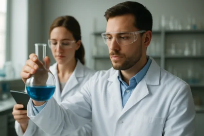 Laboratóriumi szakemberek kevertgázzal dolgoznak kémiai kísérlet során