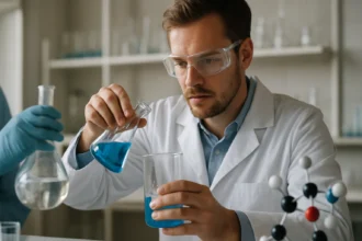 Kémikus laboratóriumban dolgozik, kék folyadékos kémcsövekkel