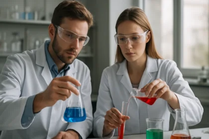 Két vegyész laboratóriumban kémiai kísérleteket végez.