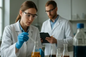 Két kémikus laboratóriumban kísérleteznek hétszeresen hidratált vegyületekkel.