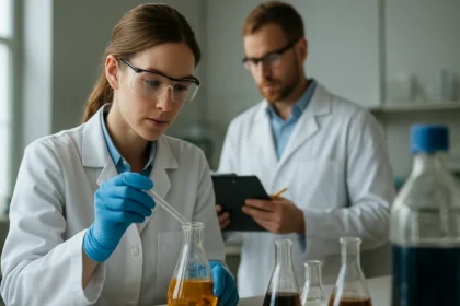Két kémikus laboratóriumban kísérleteznek hétszeresen hidratált vegyületekkel.