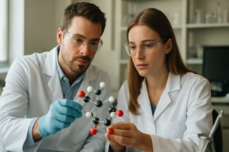 Két kutató kinasav molekulát elemzi laboratóriumban.