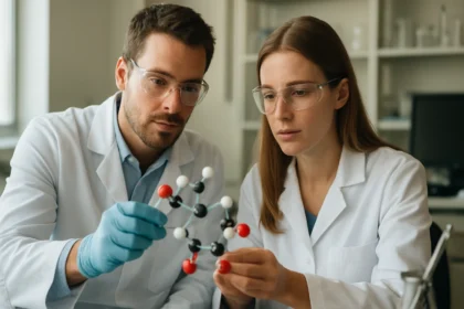 Két kutató kinasav molekulát elemzi laboratóriumban.