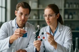 Két kutató kémiai kísérletet végez, kinolinnal foglalkozva.