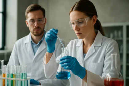 Két tudós laboratóriumi kémiai kísérletet végez