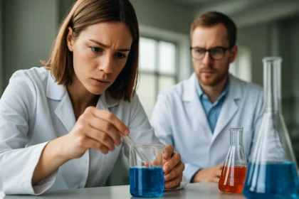 Kémiai kísérlet: női kutató kék folyadékot vizsgál laboratóriumban.