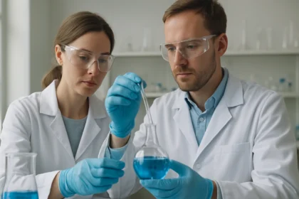 Két tudós laboratóriumban kék folyadékot vizsgálva, heptán kutatás közben