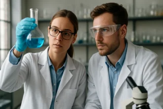 Két kémikus laboratóriumban, kék oldatú lombikot vizsgálva.