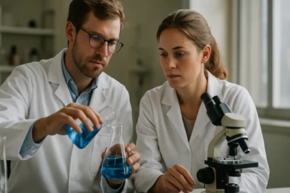 Két kutató dolgozik egy laboratóriumban, kémiai kísérletet végeznek.