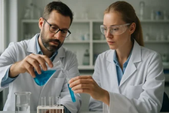 Két vegyész laboratóriumban kék oldatokat készít