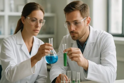 Két kutató klatrátokat vizsgál a laborban kémiai kísérletezés közben.