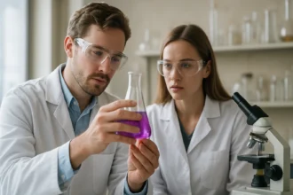 Kémikusok laboratóriumi kísérletet végeznek egy kémcsővel.