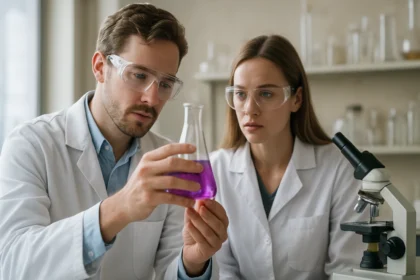 Kémikusok laboratóriumi kísérletet végeznek egy kémcsővel.