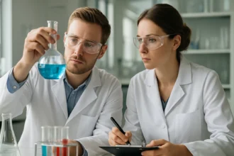 Két tudós laboratóriumi környezetben klór vegyületet vizsgál.