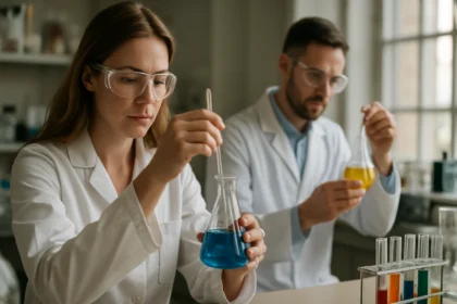 Laboratóriumi kísérlet folyamatban, kémikusok színes vegyszerekkel