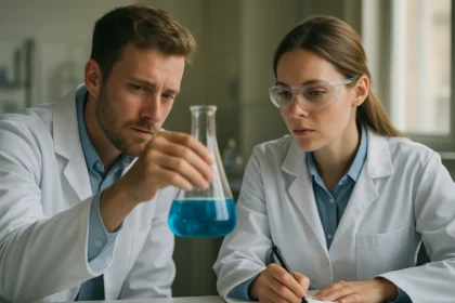 Két tudós laboratóriumban klóretánt vizsgálva