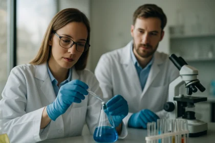 Két kémikus laboratóriumi munka közben, kék folyadékkal.