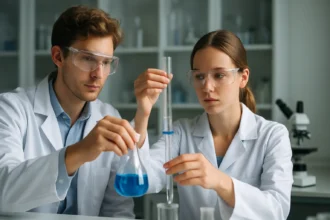 Két tudós laboratóriumban dolgozik vinil-kloriddal kapcsolatos kísérleten.