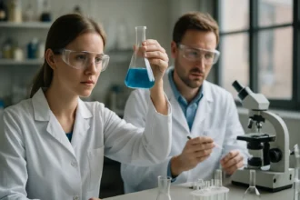 Laboratóriumi kutatók kémiai vegyületekkel foglalkoznak