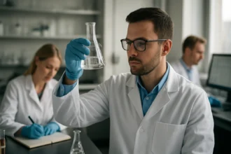 Kémiai laboratóriumi kutatás klórkénsav vizsgálatával.