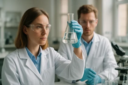 Kémikusok laboratóriumban klór-monoxid kutatásához szükséges anyagokat készítenek.