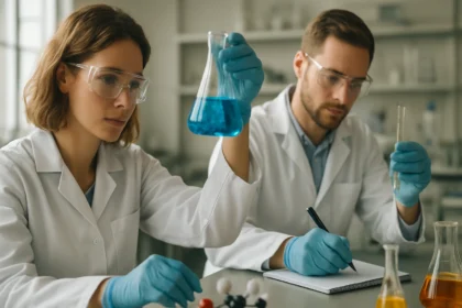 Két kémikus laboratóriumban dolgozik, kloroformmal és más vegyszerekkel.