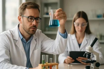 Kémiai laboratóriumi kísérlet: kutatók kloroprénnel dolgoznak.