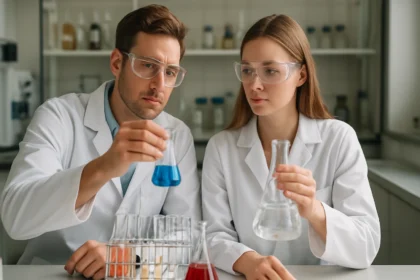 Két kutató kémiai laboratóriumban kísérletezik klórossavval.