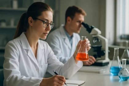 Kémikusok laboratóriumban klór-oxosavak kutatása közben