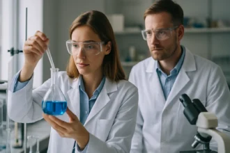 Két kémikus laborban klór-platinasavval végzik a kutatást.