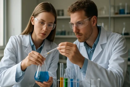 Két tudós laboratóriumban, kémiai kísérletezést végeznek.