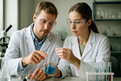 Két kémikus laboratóriumban klórszulfonsavval végzik a kémiai kísérletet.