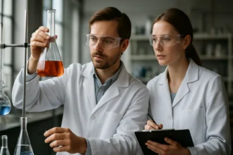 Két tudós laboratóriumban klórozott szerkezet elemzése közben.